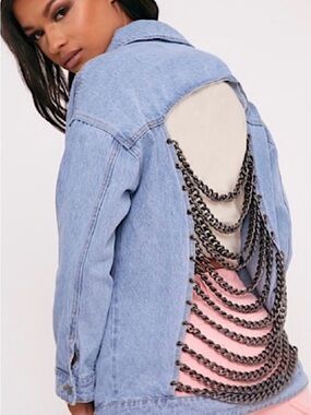 PrettyLittleThing Light Blue Denim Jacket with Gunmetal Chain Back Detail